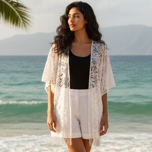 David and Young White Sheer Floral Fringe Kimono Bridal Beach Boho OS Mid-Length